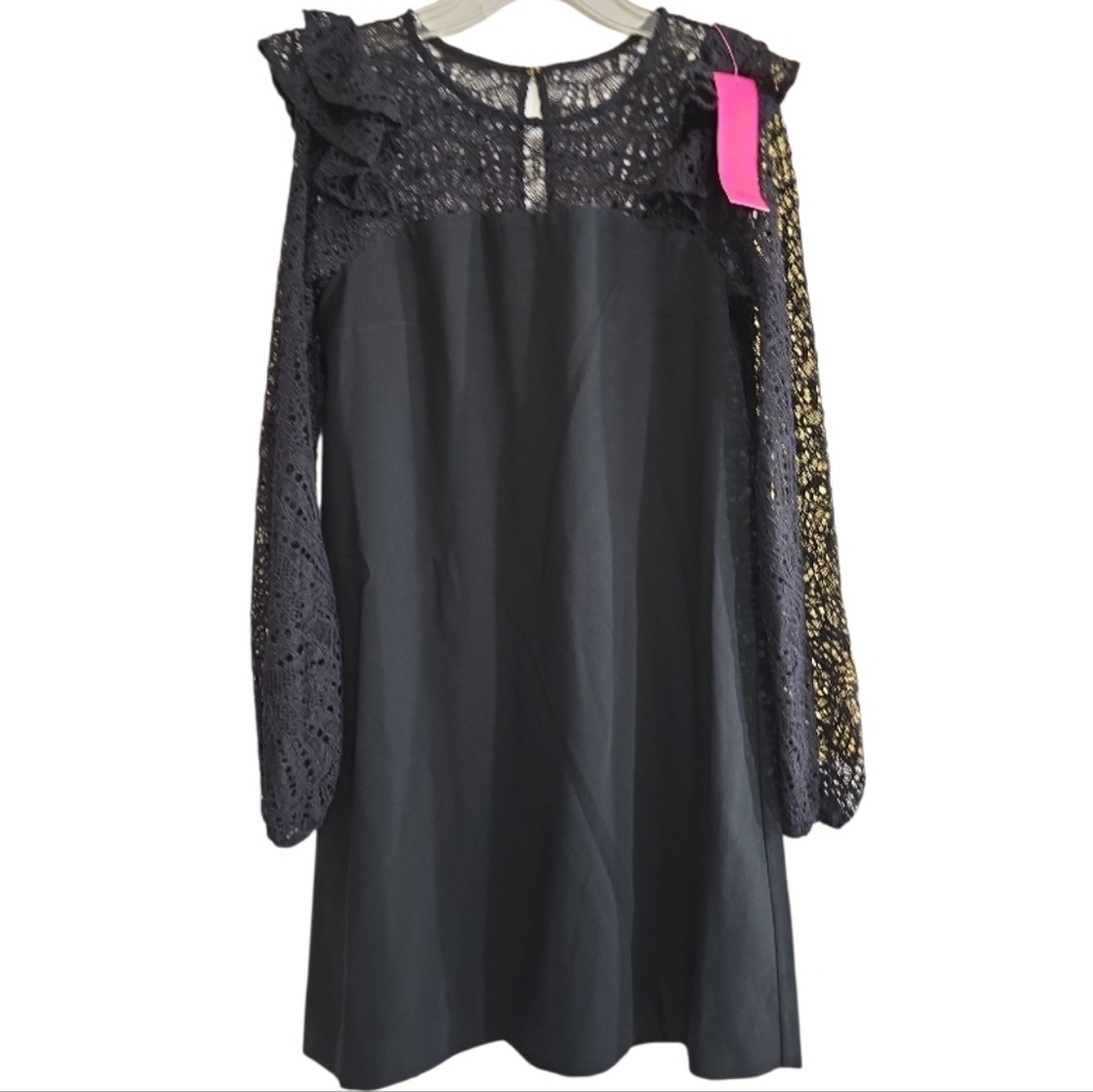 NWT Lilly Pulitzer Karolina Dress in Onyx Black 00 LBD Ruffle Lace Long Sleeves - Picture 4 of 11